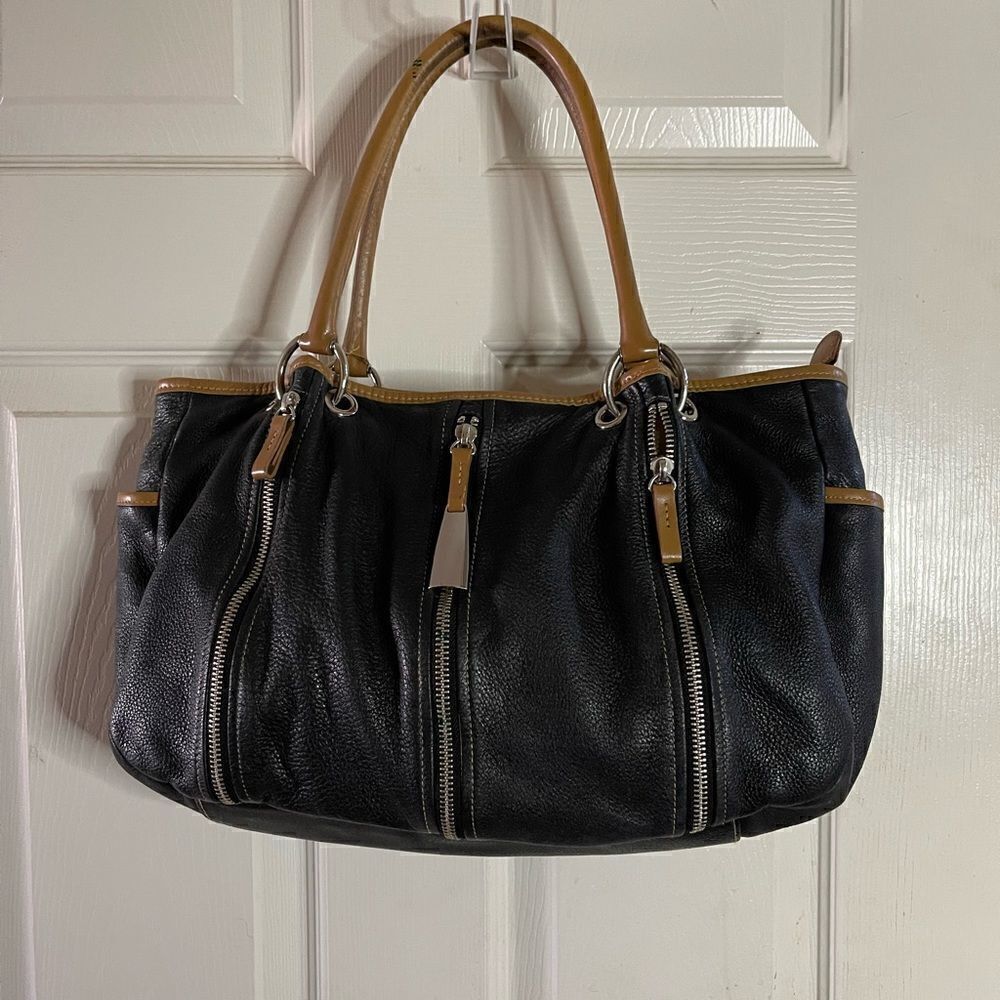 Paola by Perlina black soft pebble leather shoulder bag with tan traps &…